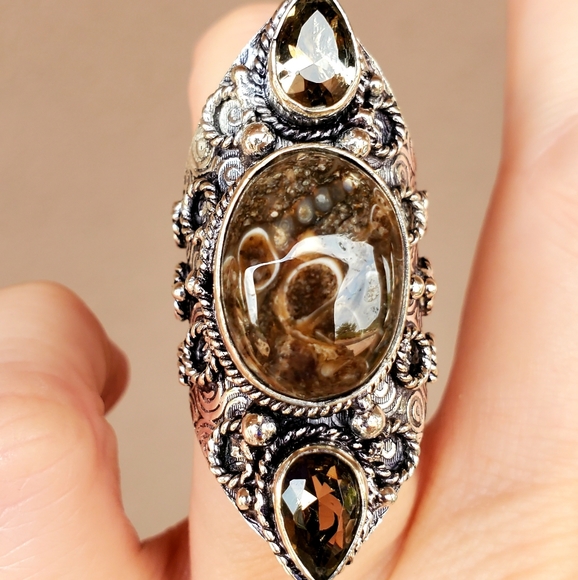 New Turtella Agate Fossil and Smoky Quartz 925 Silver Statement Ring. - Picture 15 of 16